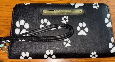 Betsey Johnson Black Faux Leather White Paws Print Wallet Wristlet - Image 1 of 4