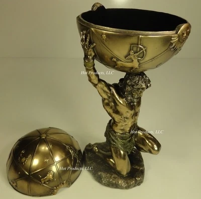 12 3/4 Greek Atlas God Carrying Earth Trinket Box Statue Sculpture Bronze Finish - Image 1 of 4