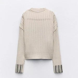 Zara Damen Pullover bestickt Grobstrick Baumwolle Größe L creme schwarz Borte - Bild 1 von 9