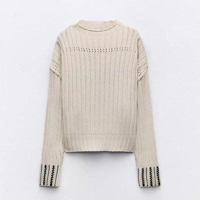 Zara Womens Embroidered Chunky Knit Cotton Sweater Size L Cream Black Trim - Image 1 of 4