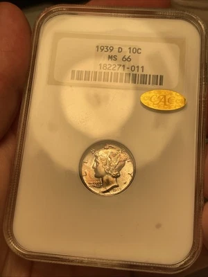 Toned 1939-D MS66 GOLD CAC NGC FATTY MERCURY DIME  - Image 1 of 4