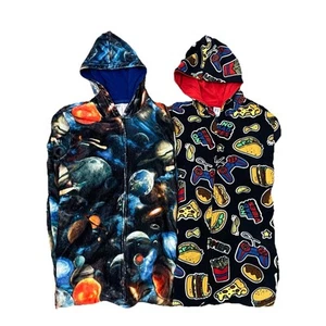 Boys Fleece Pajamas Lot of 2 Space & Food Print Size 16 One Piece Blue - Picture 1 of 7