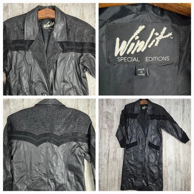 Vtg Winlit Black Geniune Leather Suede Panel Paisley Trench Coat Size XS Duster  - Image 1 of 4