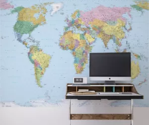 Papel pintado mapa del mundo azul mural político gran tamaño característica | sin adhesivo - Imagen 1 de 5