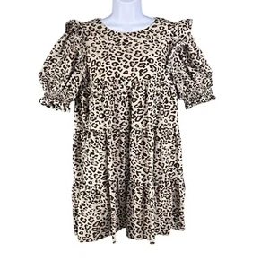 La Ven NWT Womens L Dress Babydoll Leopard Print Ruffle Tiered Puff Sleeve Fairy - Picture 1 of 20