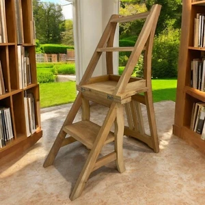 Versatile Unfinished Mahogany Wood Chair/Step Stool Ideal for Libraries, Folding - Picture 1 of 6