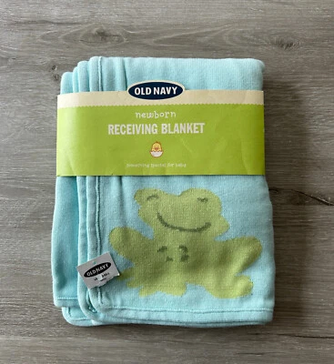 NUEVO CON ETIQUETAS Manta de Recepción Tejida Recién Nacido Azul Marino Antiguo 100% Algodón Rana Verde De Colección 2002 Foto 1 de 4