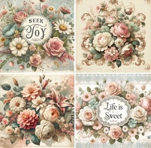 Set of 4 Decoupage Shabby Chic Floral Designs With Quotes Size 8x10" #FDF44 - Picture 1 of 5