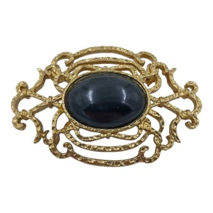 Black Cabochon Filigree Brooch Pin Vintage 1980s Victorian Retro Ornate Oval - Picture 1 of 4