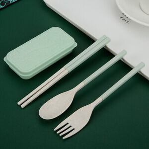 3pcs Set Reusable Folding Wheat Straw Chopstick Spoon Fork Cutlery Set With Box