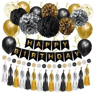 , Black and Gold Birthday Decorations Set - Huge, Pack of 45 | Big, 15 Feet - Picture 1 of 8