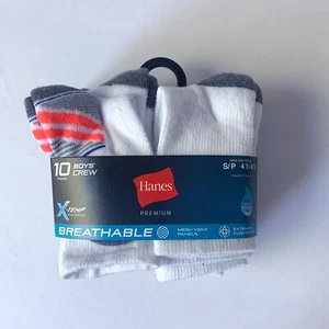 Pack of 10 Hanes Premium Boys Crew Socks X-Temp Breathable Sz S 4 1/2-8 1/2 - Picture 1 of 7