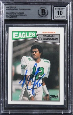 Tarjeta de novato Eagles Randall Cunningham firmada 1987 Topps #296 automática 10 BAS losa Foto 1 de 2
