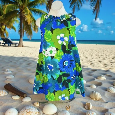 Vestido Royal Hawaiano Floral Vintage Años 70 Vaina Sin Mangas Volantes Cuello  Foto 1 de 4