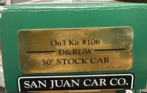 San Juan Car Co. On3 Scale Kit #106 D&RGW 30’ Stock Car  w/Trucks & Decal NIB - Picture 1 of 4