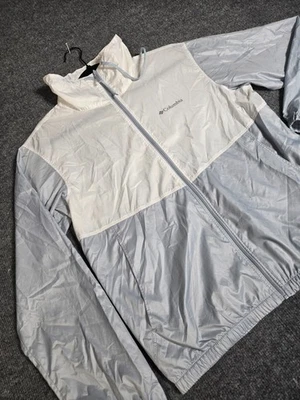 Jaqueta corta-vento feminina Columbia pequena com capuz cinza branca leve zíper - Imagem 1 de 4