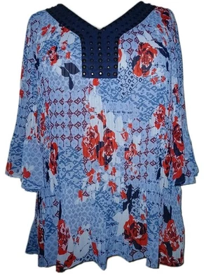 WOMAN WITHIN 22/24 Acordeán Floral Cottage Manga 3/4 Cuello en V Tachonado Top Azul Foto 1 de 4