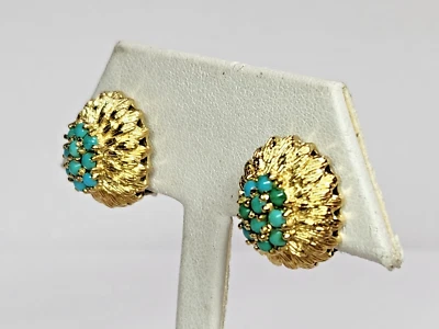 PRETTY 18k Gold 17x15mm Textured Turquoise Oval Cluster Dome Omega Back Earrings - Image 1 of 4