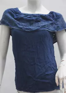 Vintage Embroidered Indigo Blue Off The Shoulder Peasant Blouse Top Tunic - Picture 1 of 8