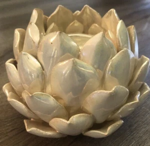 Lotus Ceramic Candle Holder Cream Iridescent Petals Votive Tea Light Excellent - Picture 1 of 6
