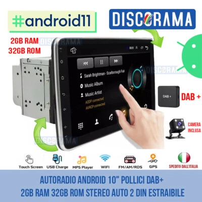 AUTORADIO ANDROID 10" POLLICI DAB+ 2GB RAM 32GB ROM STEREO AUTO 2 DIN ESTRAIBILE - Immagine 1 di 4