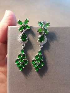 EMERALD & CZ EARRINGS 1 3/4 x 3/8 drop White Gold Filled Like The Bachelor Susie - Picture 1 of 3