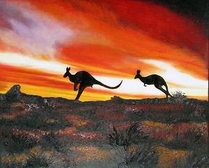 Australia outback painting - Art Print - canvas Framed - Kangaroo - Sunset 24" - Picture 1 of 5