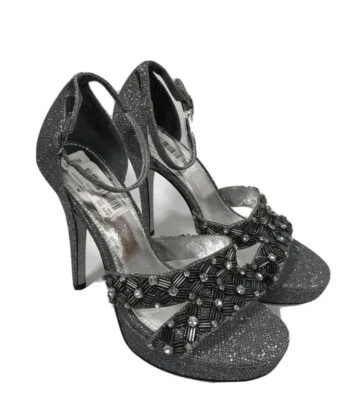 Sandalias de tacón Adrianna Papell para mujer 8,5 M zapatos punta abierta cuero plateado Foto 1 de 4