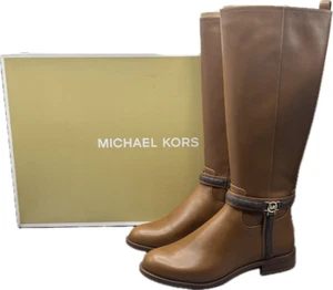 NWT Michael Kors Brown Mindy Leather Signature Logo Trim Boots Size 9M Knee High - Picture 1 of 14