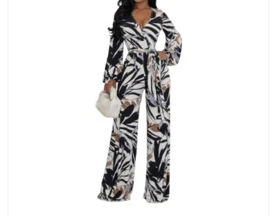 Multicolored Long Sleeve Belted Jumpsuit Size XL - Image 1 of 4