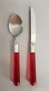 2 Stainless Steel Cutlery Pieces: Red Lucite Flatware Knife & Spoon - Picture 1 of 2