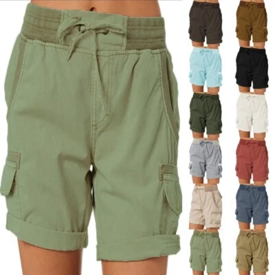 Womens High Waist Cargo Shorts Ladies Casual Loose Cotton Linen Solid Hot Pants - Image 1 of 4