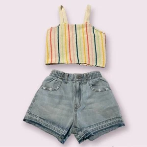 Set Zara Girls COLORFUL CROCHET TOP And Denim Short Hi-Rise Cutoff NWOT - Picture 1 of 5