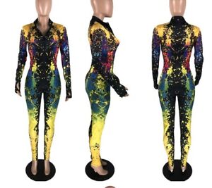 New Women Galaxy Print Zipper Sporty Long Sleeve Sexy Party Bodycon Jumpsuits JM