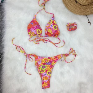 Women swimsuit Size L set thung scrunched Halter Triangle floral print Side-tie - Picture 1 of 4