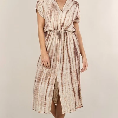 Vestido midi de manga corta con bolsillo abertura frontal en la cintura tie dye y corbata metálica para mujer Foto 1 de 4