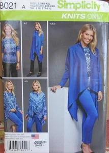 Simplicity 8021 Damen XXS-XXL 4-26 KNITS ONLY Tops Hose Cardigan Muster UNGESCHNITTEN - Bild 1 von 2