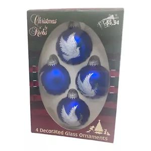 4 Vintage geblasenes Glas Weihnachtskugel Ornamente blau mit weißer Taube & goldener Zierleiste - Bild 1 von 7