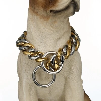 Collar de perro con cadena de eslabones cubanos de acero inoxidable tono dorado plateado de 19 mm para perros S,M,L Foto 1 de 4