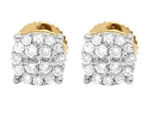 Real Diamond 10K Yellow Gold Pave Diamond Round Stud Earrings 0.25 ct 6MM - Picture 1 of 5