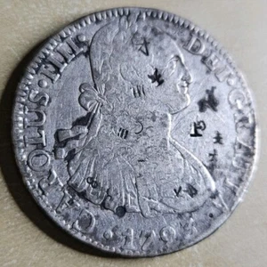 1793-Mo Mexico 8 Reales Crown Silver Chop marks Sea Salvage/Shipwreck - Picture 1 of 4