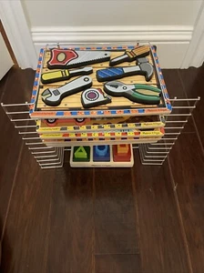 Lot 6 Melissa & Doug Wooden Handcrafted Puzzle With Holder Zoo Farm Pets Tools.. - Picture 1 of 9
