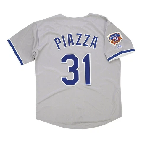 Mike Piazza 1997 Los Angeles Dodgers Road Jersey w/ Jackie 50th Patch (S-3XL) Cover