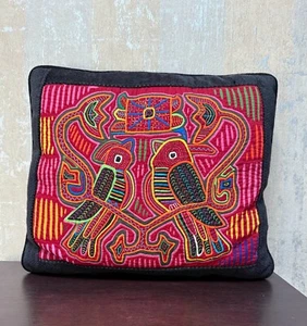 Kuna Mola Folk Art Embroidery 2 Birds Pillow Guna Panama - Picture 1 of 5