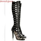Women Knee High Buckle Sandal Boots Open Toe Hollow Out Stiletto Gladiator Shoes