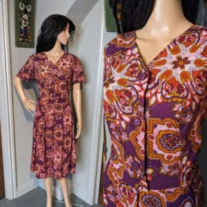 Vintage 60s 70s Purple Paisley Psych Daisy Shirt Tea Dress 10 12 38 - Picture 1 of 8
