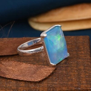 925 Sterling Silver Rectangle Statement Ring With Aurora Opal Gemstone Jewelry - Picture 1 of 10