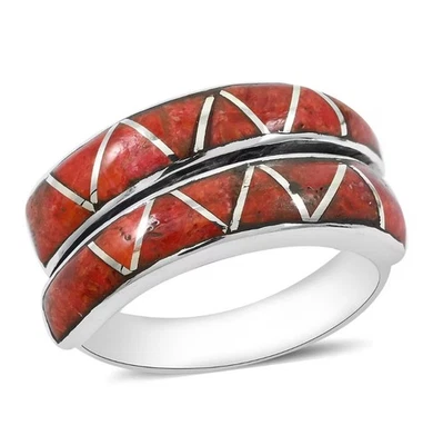 Santa Fe Style Double Row Enhanced Red Coral 8.50 ctw Ring Sz 9 Sterling Silver - Image 1 of 4