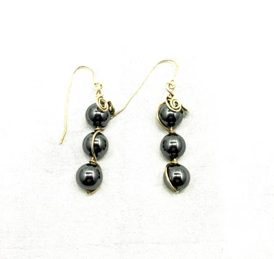 Pendientes de cuentas de hematita, envoltura de alambre de plata de ley, pendientes serpetinos #E15 Foto 1 de 4