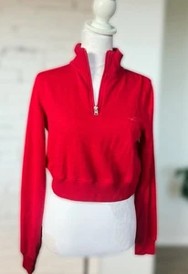 Women's Hollister Cropped Red 1/4 Zip Pullover Sweatshirt Sz XS - Picture 1 of 10